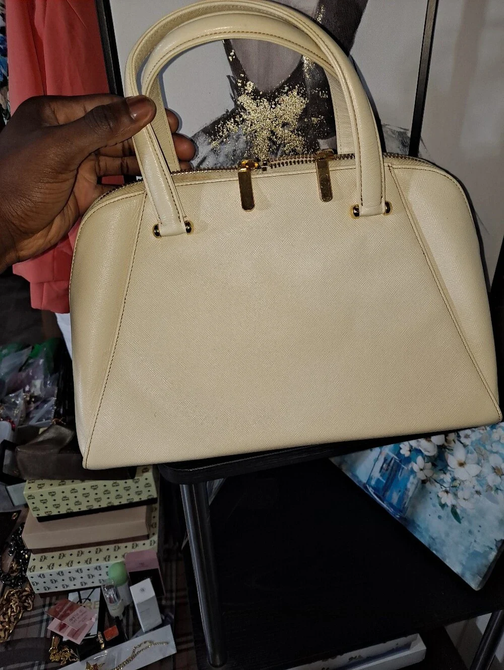 Valentino Garavani Cream Dome Satchel with Gold Medallion